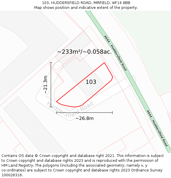 103, HUDDERSFIELD ROAD, MIRFIELD, WF14 8BB: Plot and title map