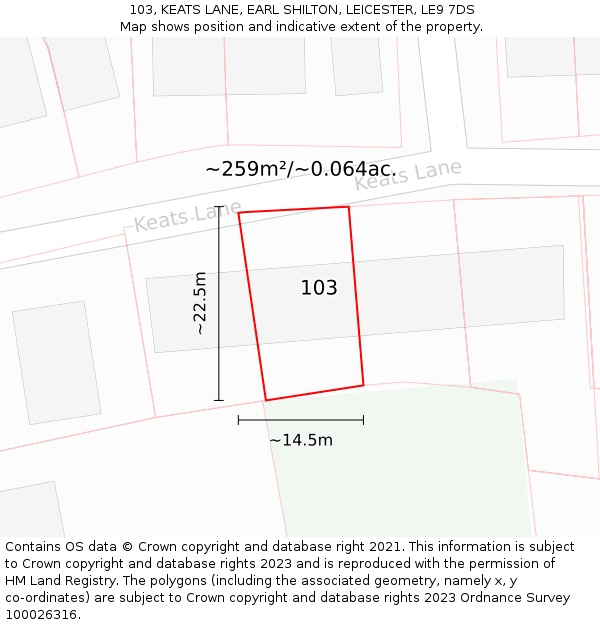 103, KEATS LANE, EARL SHILTON, LEICESTER, LE9 7DS: Plot and title map