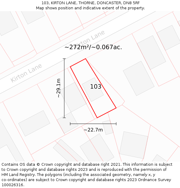 103, KIRTON LANE, THORNE, DONCASTER, DN8 5RF: Plot and title map