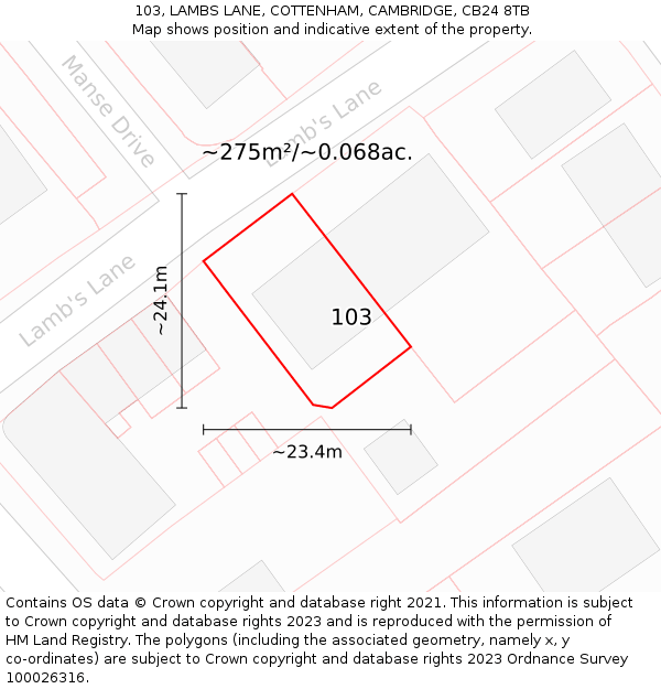 103, LAMBS LANE, COTTENHAM, CAMBRIDGE, CB24 8TB: Plot and title map