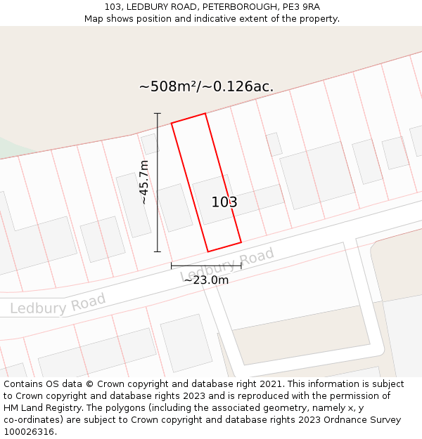103, LEDBURY ROAD, PETERBOROUGH, PE3 9RA: Plot and title map