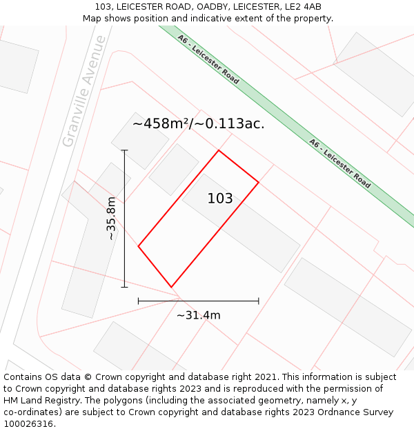 103, LEICESTER ROAD, OADBY, LEICESTER, LE2 4AB: Plot and title map