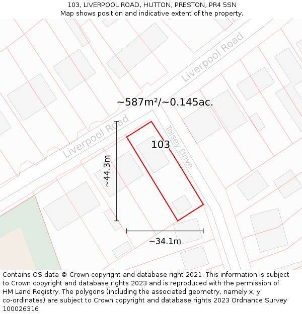 103, LIVERPOOL ROAD, HUTTON, PRESTON, PR4 5SN: Plot and title map
