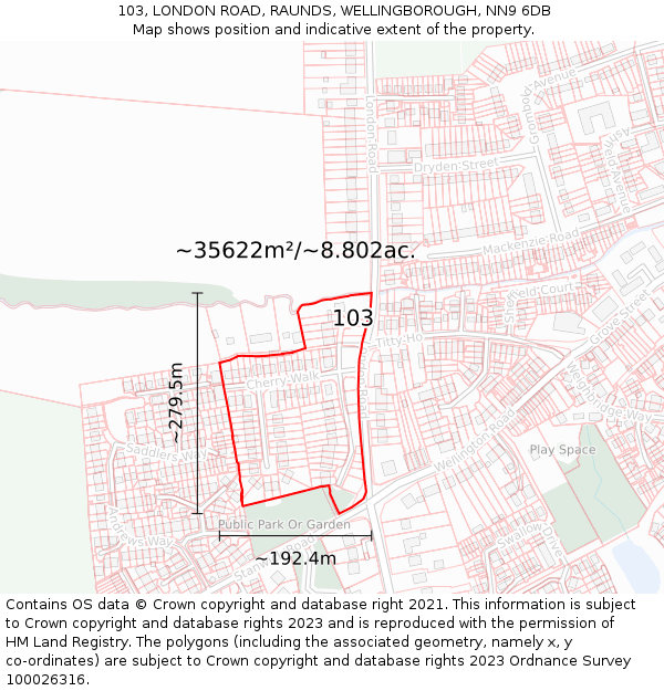 103, LONDON ROAD, RAUNDS, WELLINGBOROUGH, NN9 6DB: Plot and title map