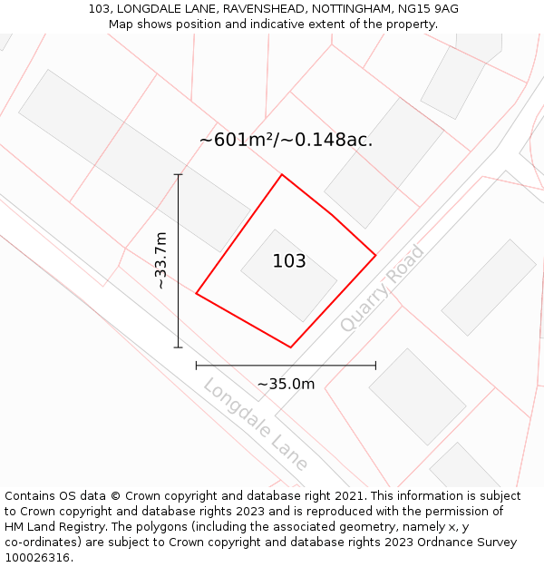 103, LONGDALE LANE, RAVENSHEAD, NOTTINGHAM, NG15 9AG: Plot and title map