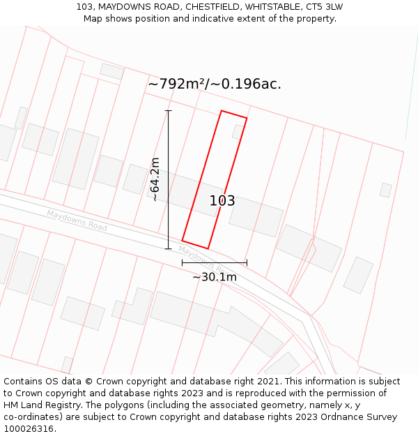 103, MAYDOWNS ROAD, CHESTFIELD, WHITSTABLE, CT5 3LW: Plot and title map