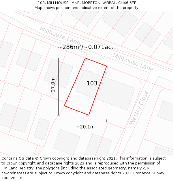 103, MILLHOUSE LANE, MORETON, WIRRAL, CH46 6EF: Plot and title map