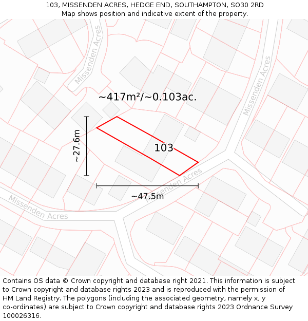 103, MISSENDEN ACRES, HEDGE END, SOUTHAMPTON, SO30 2RD: Plot and title map