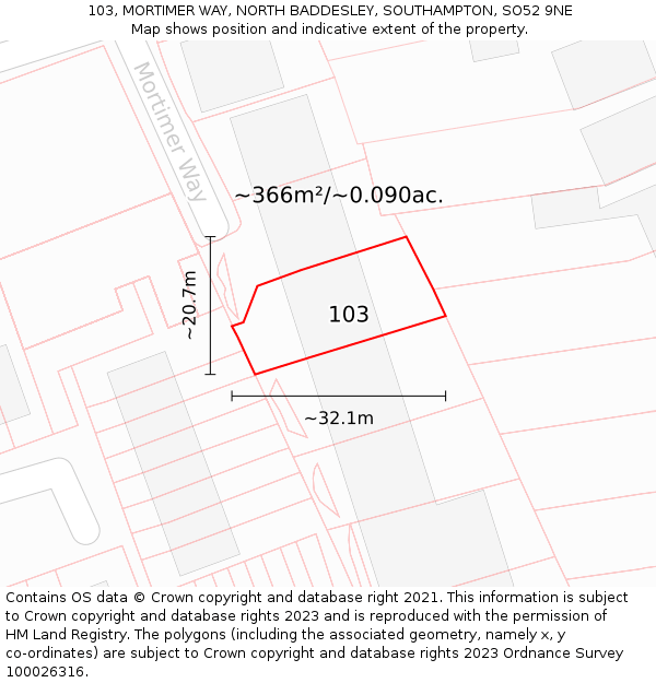 103, MORTIMER WAY, NORTH BADDESLEY, SOUTHAMPTON, SO52 9NE: Plot and title map