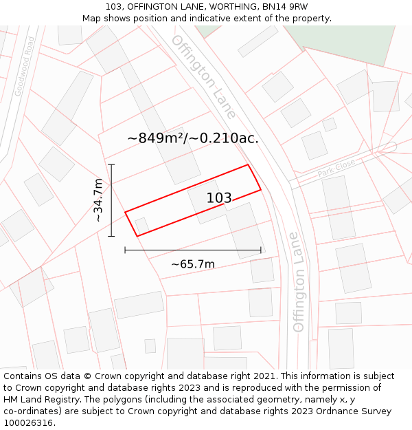 103, OFFINGTON LANE, WORTHING, BN14 9RW: Plot and title map