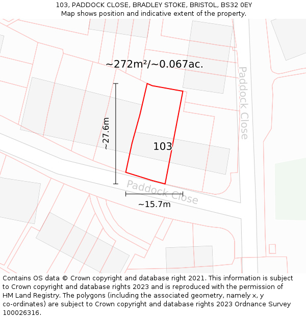 103, PADDOCK CLOSE, BRADLEY STOKE, BRISTOL, BS32 0EY: Plot and title map
