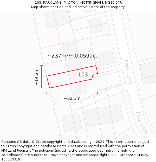 103, PARK LANE, PINXTON, NOTTINGHAM, NG16 6PR: Plot and title map