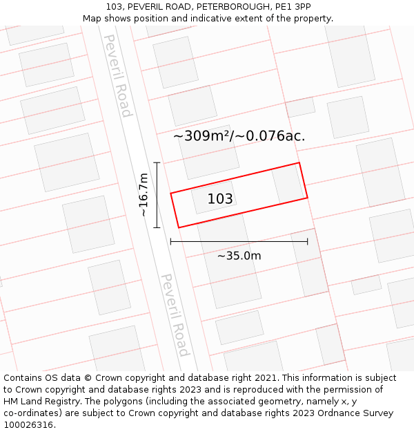 103, PEVERIL ROAD, PETERBOROUGH, PE1 3PP: Plot and title map