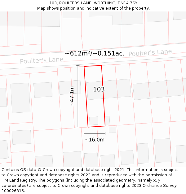 103, POULTERS LANE, WORTHING, BN14 7SY: Plot and title map
