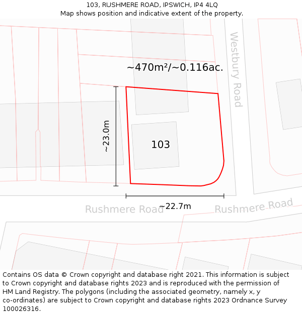 103, RUSHMERE ROAD, IPSWICH, IP4 4LQ: Plot and title map