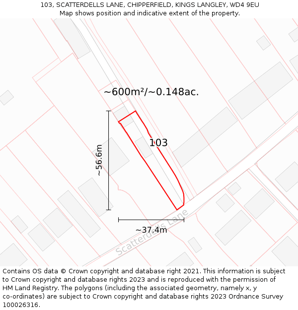103, SCATTERDELLS LANE, CHIPPERFIELD, KINGS LANGLEY, WD4 9EU: Plot and title map