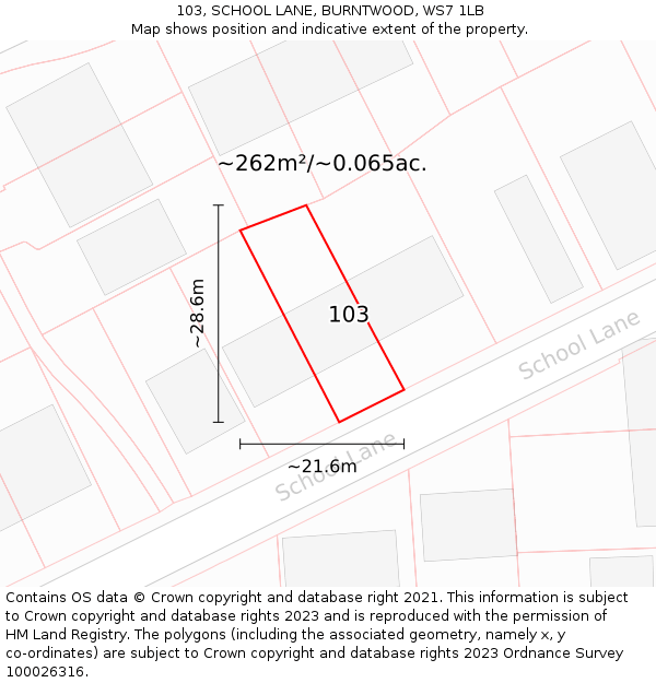 103, SCHOOL LANE, BURNTWOOD, WS7 1LB: Plot and title map