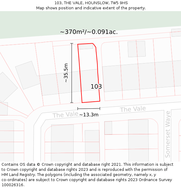 103, THE VALE, HOUNSLOW, TW5 9HS: Plot and title map