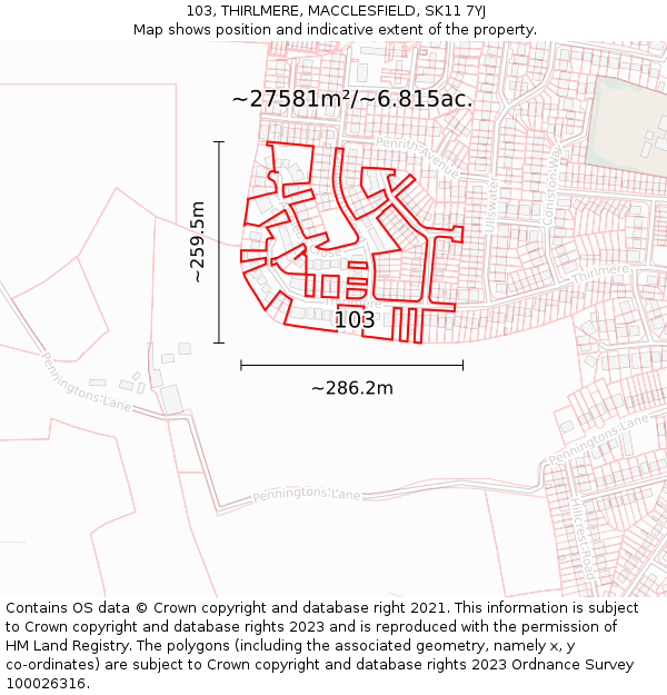 103, THIRLMERE, MACCLESFIELD, SK11 7YJ: Plot and title map