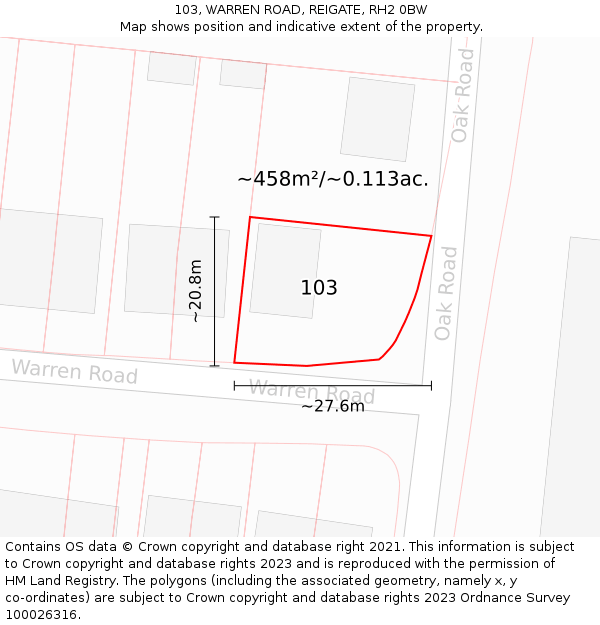 103, WARREN ROAD, REIGATE, RH2 0BW: Plot and title map