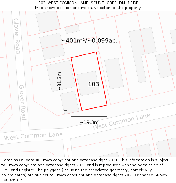 103, WEST COMMON LANE, SCUNTHORPE, DN17 1DR: Plot and title map