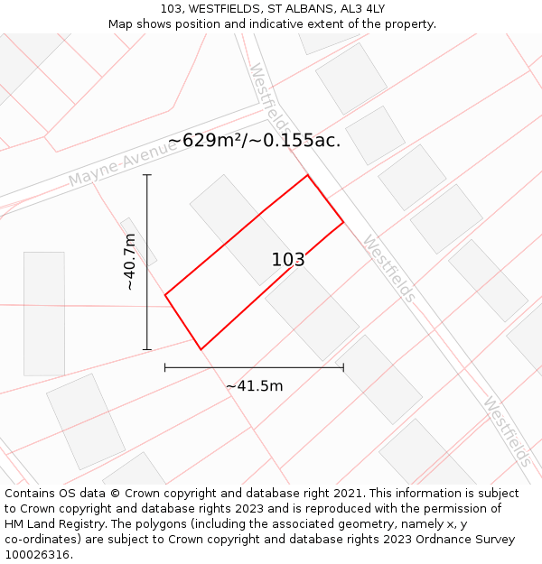 103, WESTFIELDS, ST ALBANS, AL3 4LY: Plot and title map