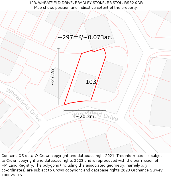 103, WHEATFIELD DRIVE, BRADLEY STOKE, BRISTOL, BS32 9DB: Plot and title map