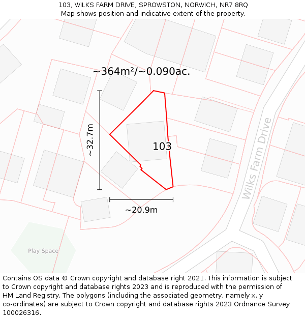 103, WILKS FARM DRIVE, SPROWSTON, NORWICH, NR7 8RQ: Plot and title map