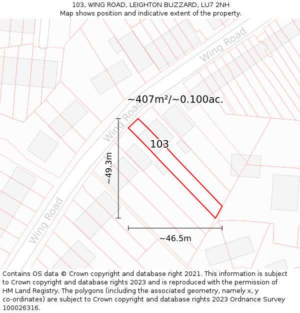 103, WING ROAD, LEIGHTON BUZZARD, LU7 2NH: Plot and title map