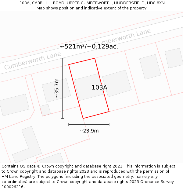 103A, CARR HILL ROAD, UPPER CUMBERWORTH, HUDDERSFIELD, HD8 8XN: Plot and title map