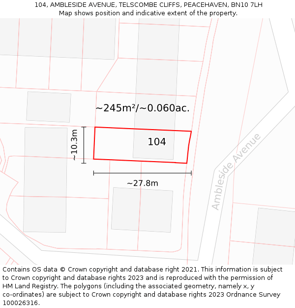 104, AMBLESIDE AVENUE, TELSCOMBE CLIFFS, PEACEHAVEN, BN10 7LH: Plot and title map