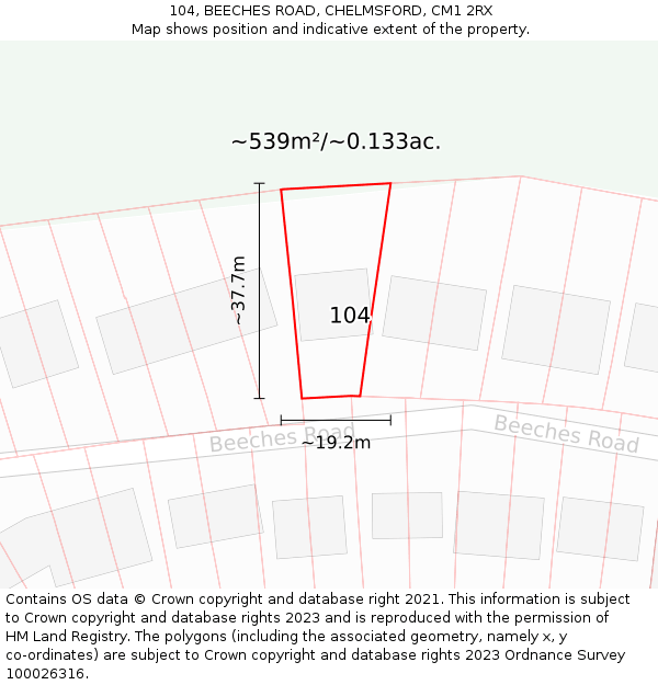 104, BEECHES ROAD, CHELMSFORD, CM1 2RX: Plot and title map