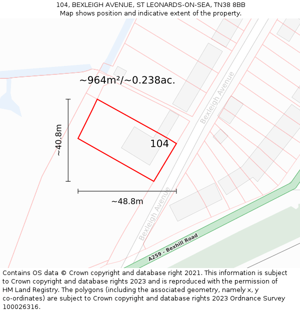 104, BEXLEIGH AVENUE, ST LEONARDS-ON-SEA, TN38 8BB: Plot and title map