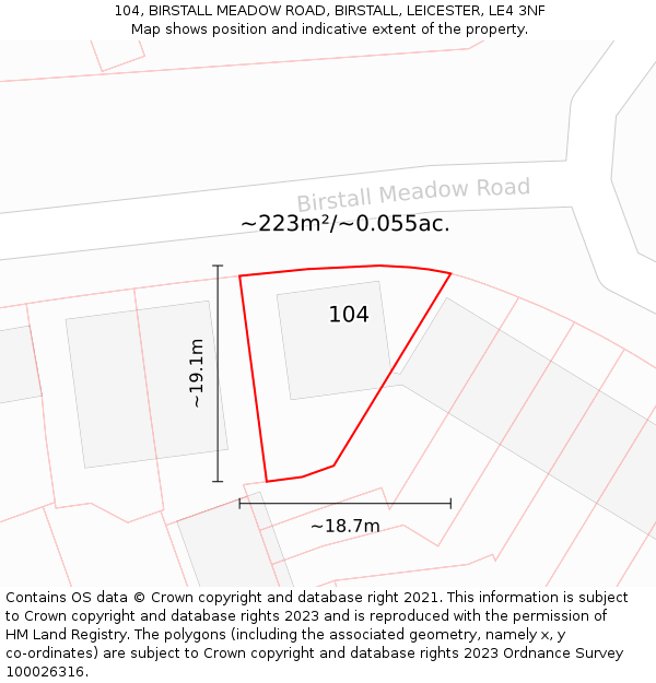 104, BIRSTALL MEADOW ROAD, BIRSTALL, LEICESTER, LE4 3NF: Plot and title map