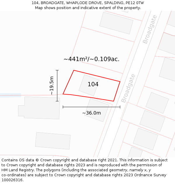 104, BROADGATE, WHAPLODE DROVE, SPALDING, PE12 0TW: Plot and title map