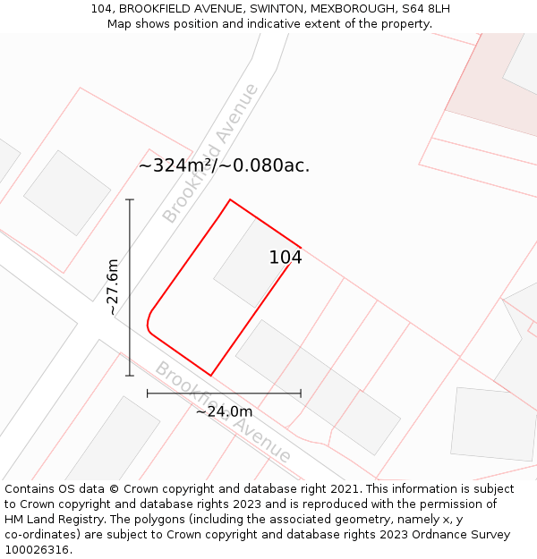 104, BROOKFIELD AVENUE, SWINTON, MEXBOROUGH, S64 8LH: Plot and title map