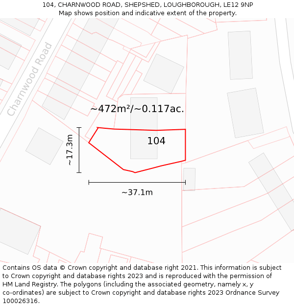 104, CHARNWOOD ROAD, SHEPSHED, LOUGHBOROUGH, LE12 9NP: Plot and title map