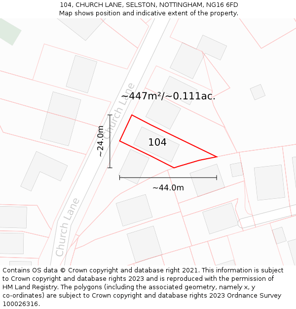 104, CHURCH LANE, SELSTON, NOTTINGHAM, NG16 6FD: Plot and title map