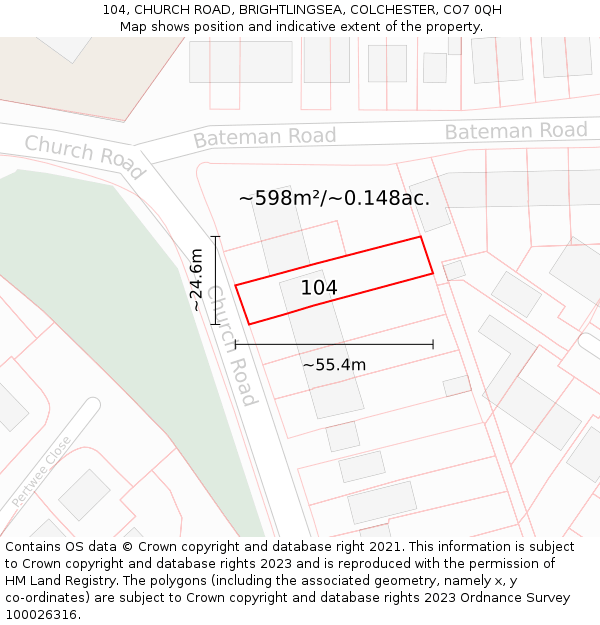 104, CHURCH ROAD, BRIGHTLINGSEA, COLCHESTER, CO7 0QH: Plot and title map