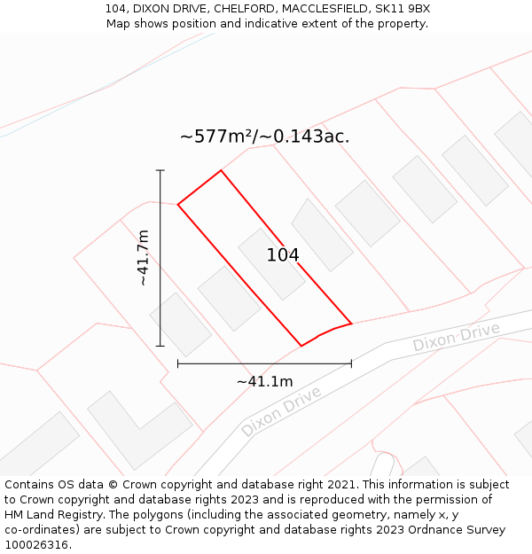104, DIXON DRIVE, CHELFORD, MACCLESFIELD, SK11 9BX: Plot and title map