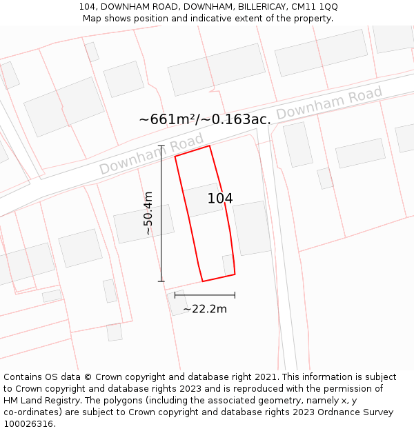 104, DOWNHAM ROAD, DOWNHAM, BILLERICAY, CM11 1QQ: Plot and title map