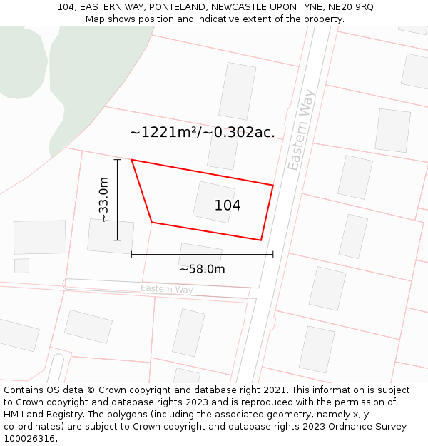 104, EASTERN WAY, PONTELAND, NEWCASTLE UPON TYNE, NE20 9RQ: Plot and title map
