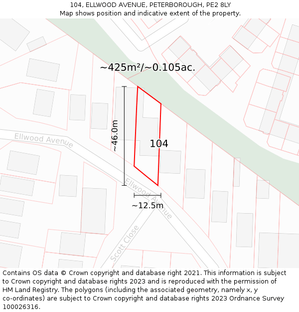 104, ELLWOOD AVENUE, PETERBOROUGH, PE2 8LY: Plot and title map