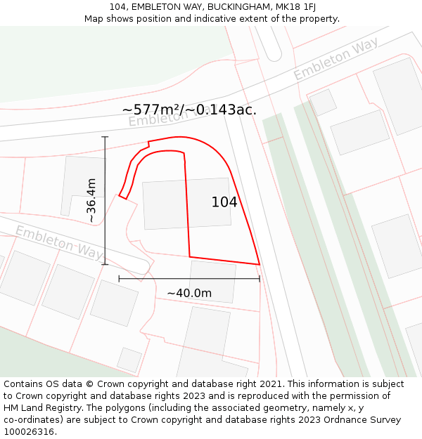 104, EMBLETON WAY, BUCKINGHAM, MK18 1FJ: Plot and title map