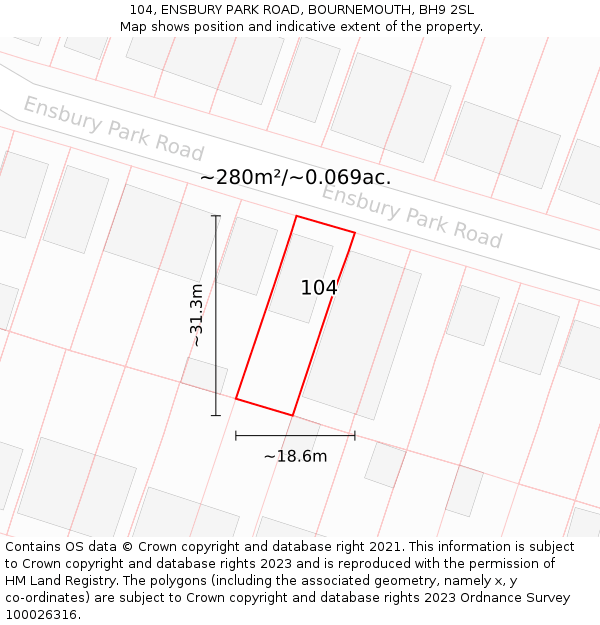 104, ENSBURY PARK ROAD, BOURNEMOUTH, BH9 2SL: Plot and title map