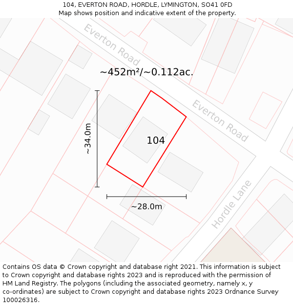 104, EVERTON ROAD, HORDLE, LYMINGTON, SO41 0FD: Plot and title map