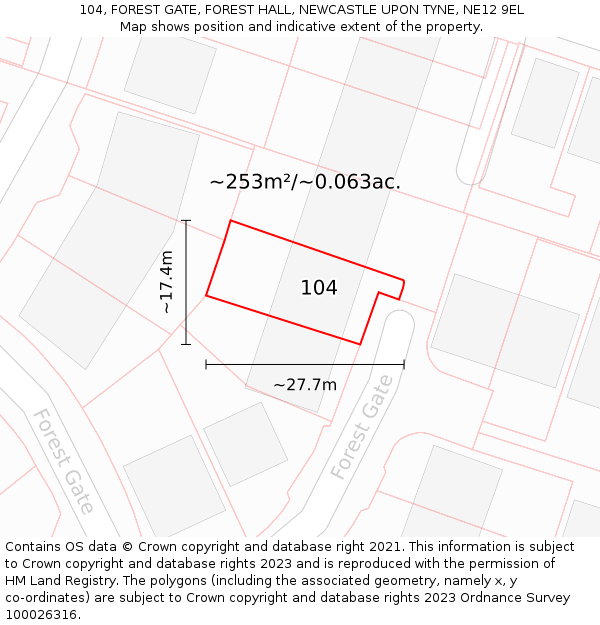 104, FOREST GATE, FOREST HALL, NEWCASTLE UPON TYNE, NE12 9EL: Plot and title map