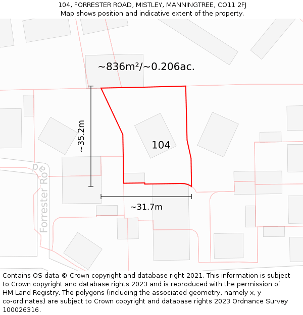 104, FORRESTER ROAD, MISTLEY, MANNINGTREE, CO11 2FJ: Plot and title map