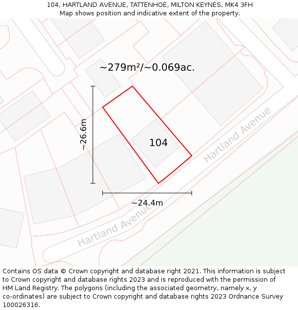 104, HARTLAND AVENUE, TATTENHOE, MILTON KEYNES, MK4 3FH: Plot and title map