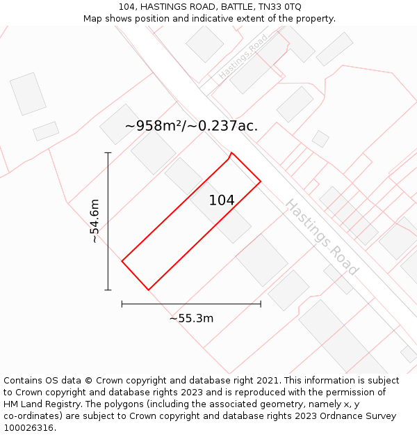 104, HASTINGS ROAD, BATTLE, TN33 0TQ: Plot and title map
